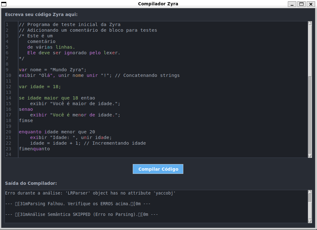 Código Zyra na tela